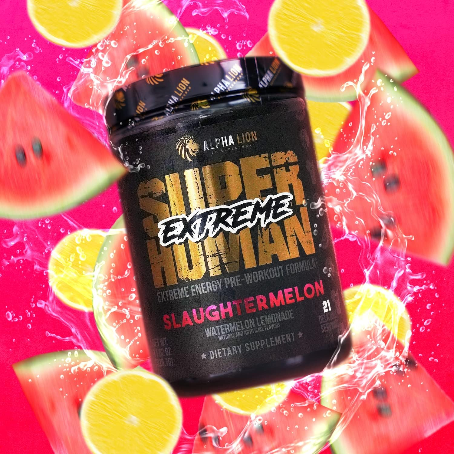 ALPHA LION Superhuman Extreme, Extreme Energy Pre-Workout Formula, Intense, Sustained Energy and Focus, Elevated Nitric Oxide, Maximum Pumps  Nutrient Delivery (21 Servings, Slaughtermelon)