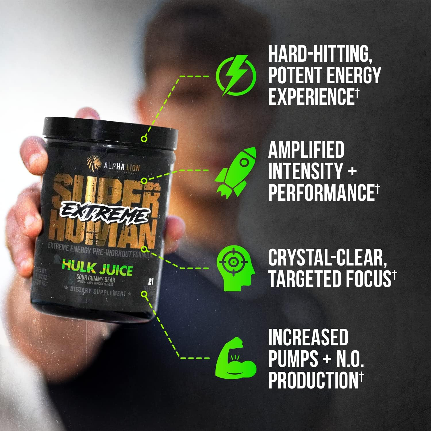 ALPHA LION Superhuman Extreme Pre Workout Powder, Beta Alanine, L-Taurine  Tri-Source Caffeine for Sustained Energy, Nitric Oxide  Citrulline for Pump (21 Servings, Sour Gummy Bear Flavor)