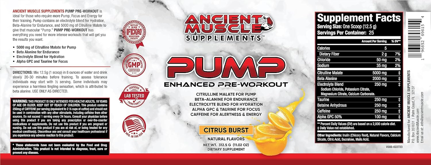 Ancient Muscle Pump Pre Workout Supplement with Citrulline Malate, Beta Alanine, Alpha GPC - Enhanced Pump Supplement Improves Energy, Focus  Absorption - Citrus Burst Protein Powder