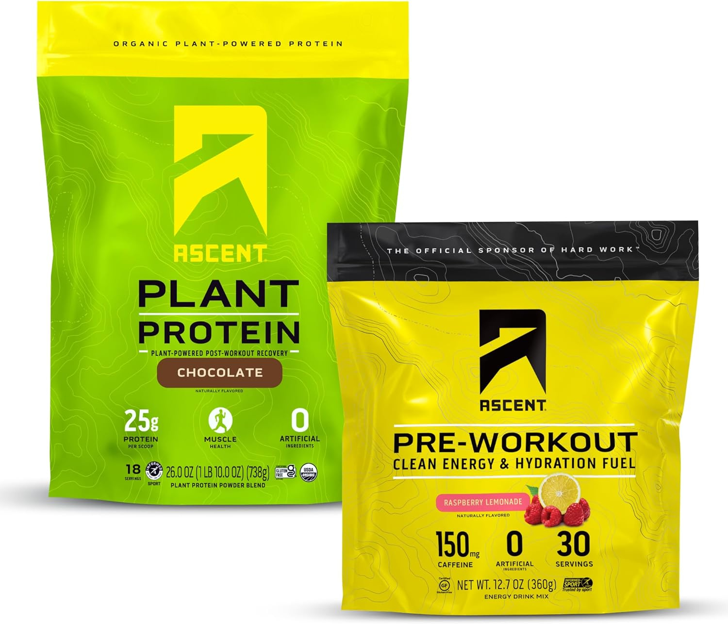 Ascent Pre Workout Powder Raspberry Lemonade 30 Servings  Plant Protein Powder Chocolate 18 Servings