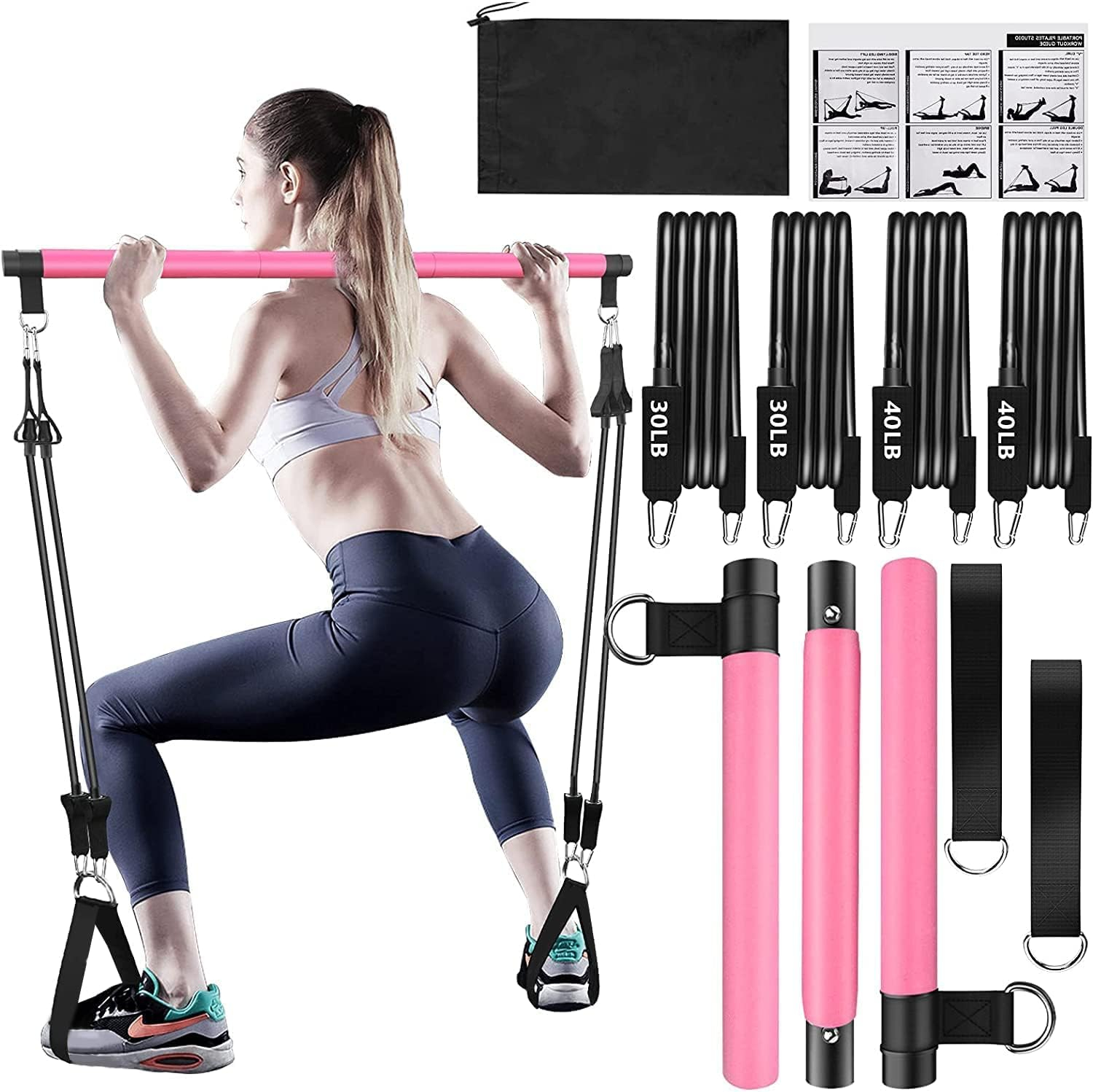 Bbtops Pilates Bar Kit with Resistance Bands,3-Section Pilates Bar with Stackable Bands Workout Equipment for Legs,Hip,Waist and Arm,Exercise Fitness Equipment for Women  Men Home Gym Yoga Pilates