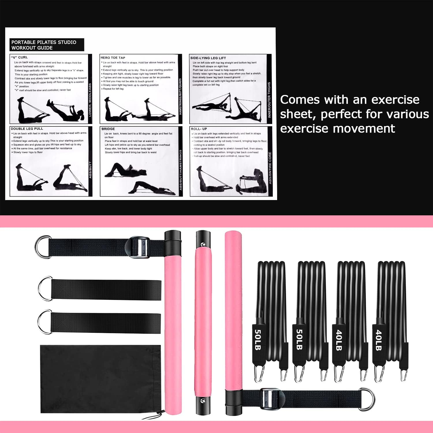 Bbtops Pilates Bar Kit with Resistance Bands,3-Section Pilates Bar with Stackable Bands Workout Equipment for Legs,Hip,Waist and Arm,Exercise Fitness Equipment for Women  Men Home Gym Yoga Pilates