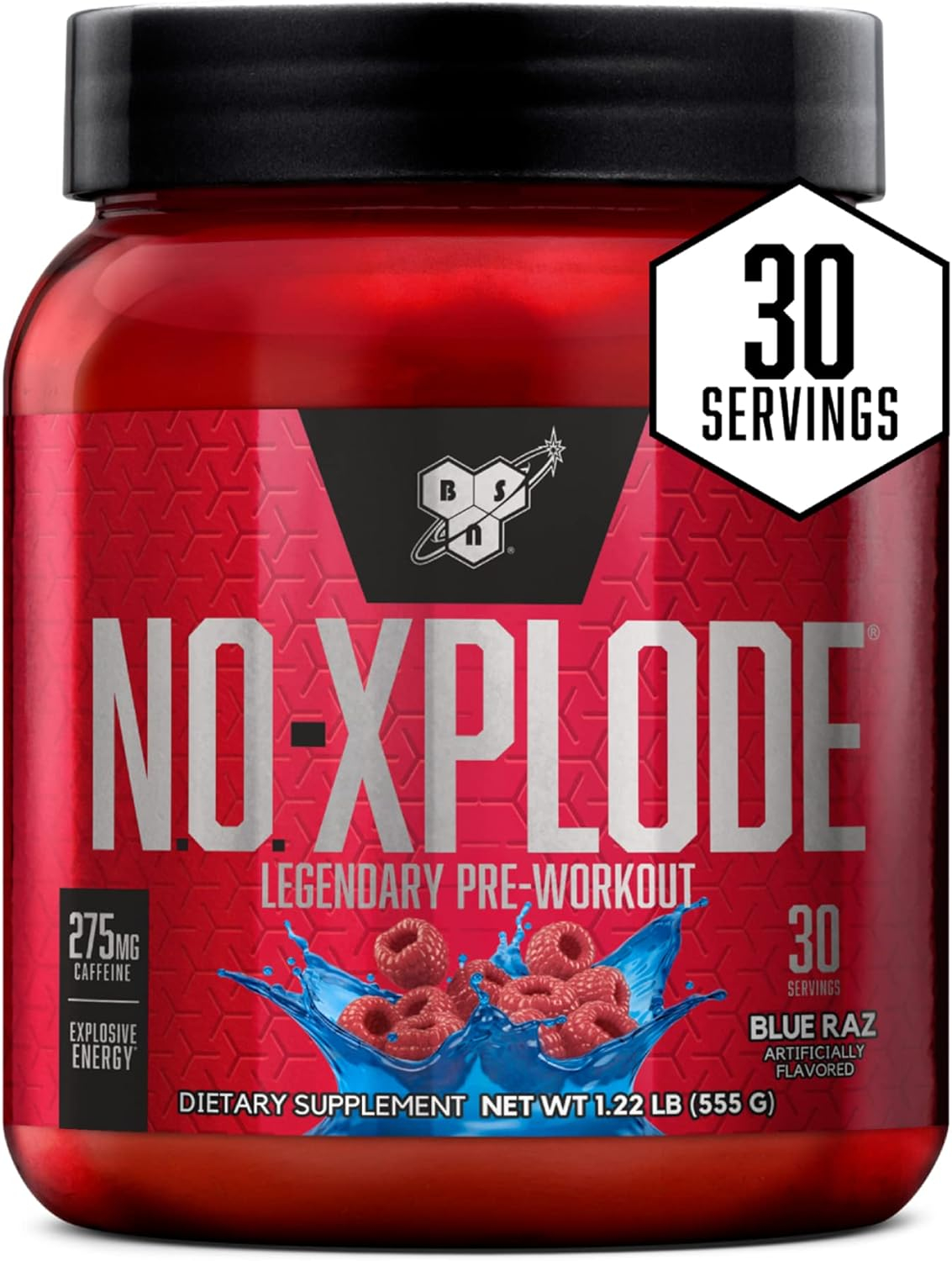 BSN N.O.-XPLODE Pre Workout Powder, Energy Supplement for Men and Women with Creatine and Beta-Alanine, Flavor: Blue Raz, 30 Servings