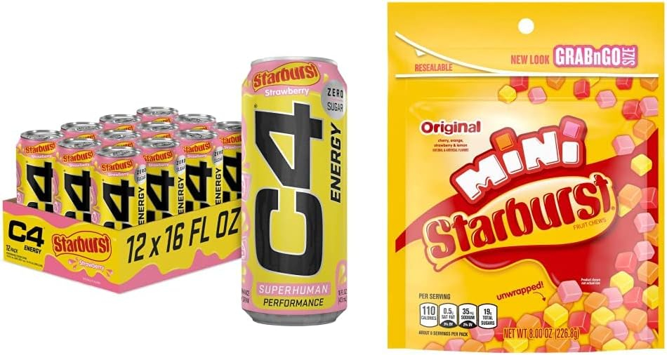C4 Energy Drink by Cellucor | STARBURST Strawberry | Carbonated Sugar Free Pre Workout Performance Drink | 16 oz - 12 Pack Case