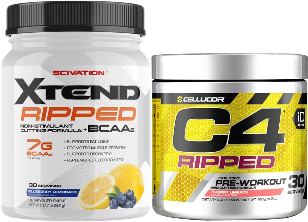 Cellucor C4 Ripped Pre Workout Powder + Fat Burner, Cherry Limeade, 30 Servings + Scivation Xtend Ripped BCAA Powder, Blueberry Lemonade, 30 Servings