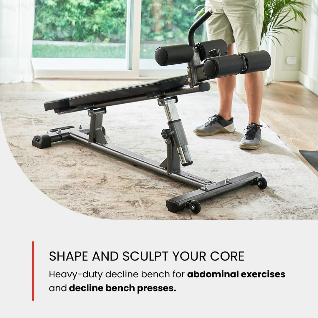 Finer Form Semi-Commercial Sit Up Bench For Core Workouts and Decline Bench Press. Adjustable with Reverse Crunch Handle and 4 Adjustable Height Settings. Great Ab Bench for Larger Frames and Dumbbell Workouts.