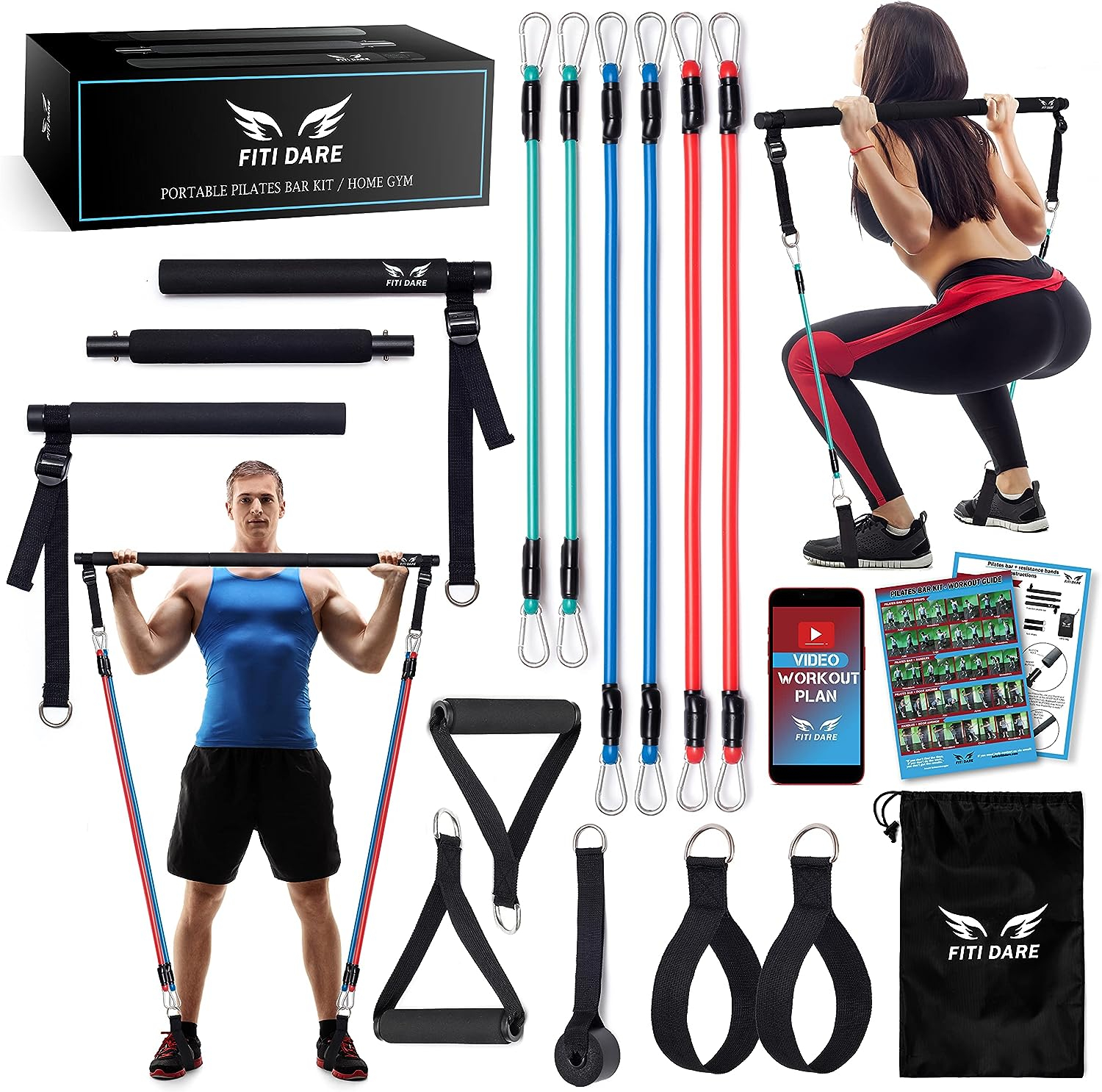 FITI DARE Portable Pilates Bar Kit with Adjustable Resistance Band (25,30,35lb) | Home Workout Equipment for WomenMen of All Heights | Fitness Bands Set | Outdoor Full Body Exercise Gym with Video