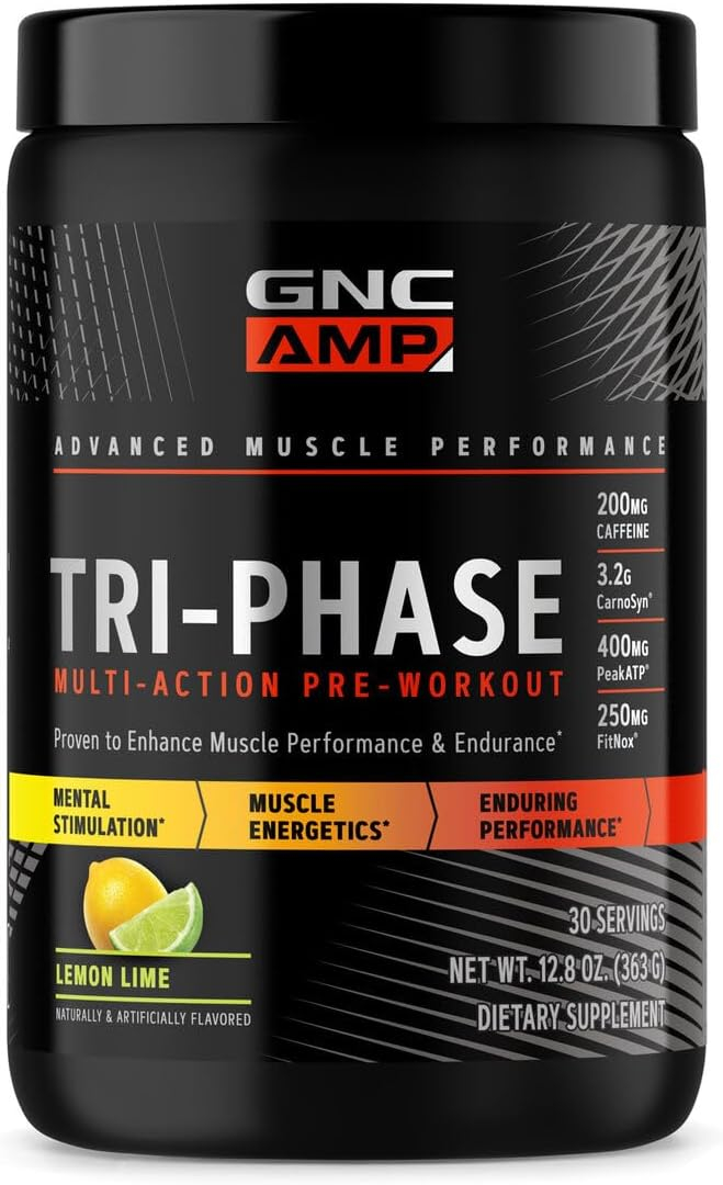 GNC AMP Tri-Phase Multi-Action Pre-Workout | Supports Muscle Performance  Endurance | Lemon Lime | 30 Servings
