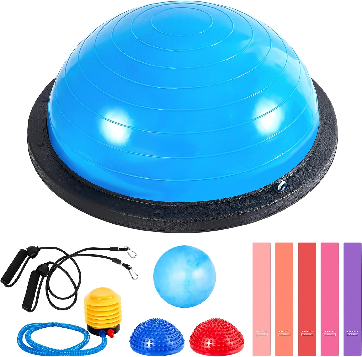 Half Ball Trainer Half Yoga Ball with Resistant Band Foot Pump Set, Half Exercise Ball with Fitness Elastic Belt Hedgehog Balance Pods for Core Stability Full Body Workout Home Gym Office
