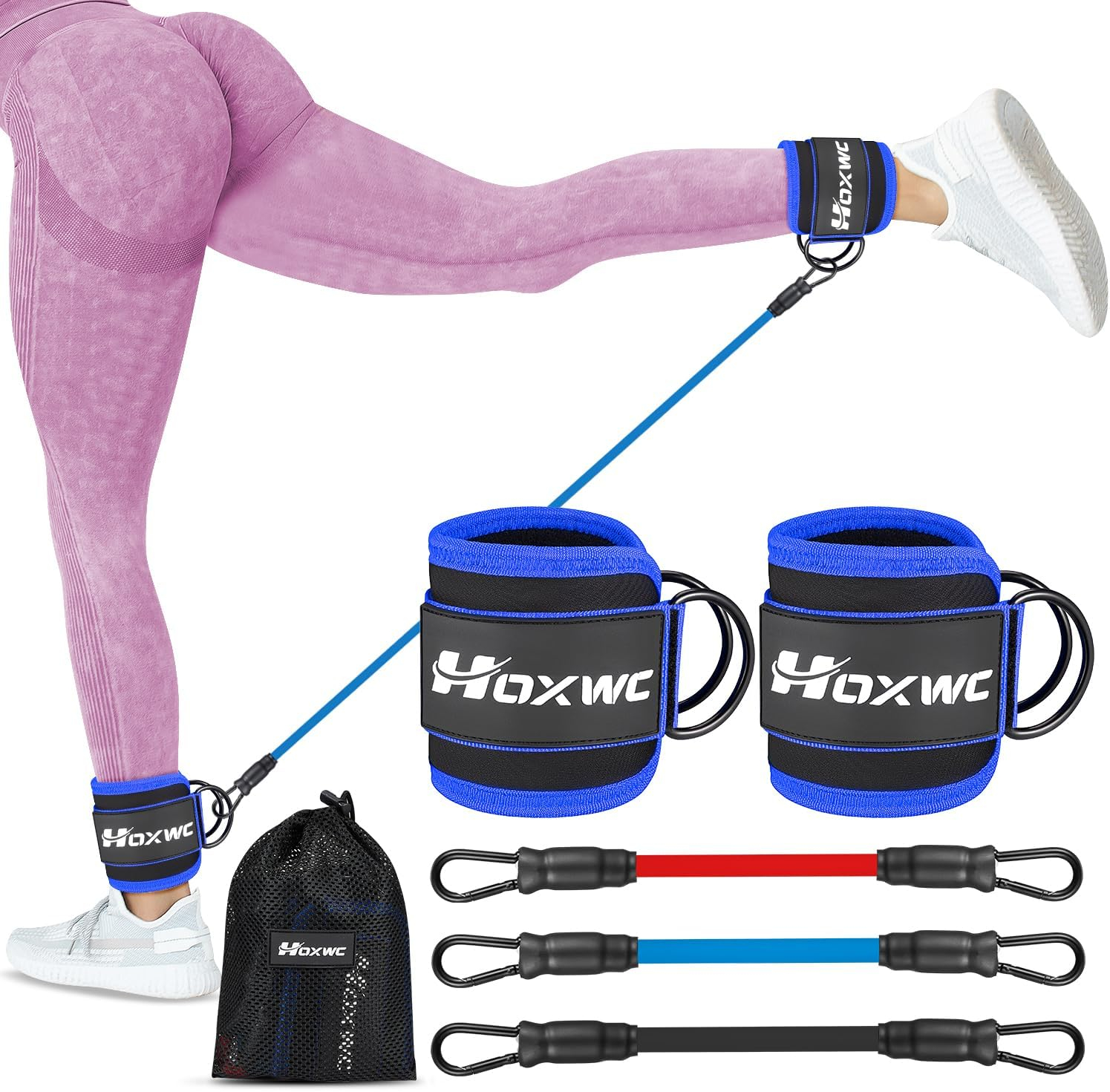 HOXWC Ankle Resistance Bands with Cuffs, Ankle Bands for Working Out, Ankle Resistance Band for Leg, Booty Workout Equipment for Kickbacks Hip Fitness Training, Exercise Bands for Butt Lift Women