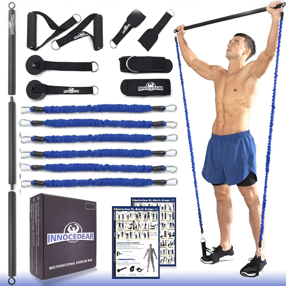 INNOCEDAR Home Gym Bar Kit with Resistance Bands,Portable Gym Full Body Workout,Adjustable Pilates Bar System,Safe Exercise Weight Set,Home Exercise Equipment for MenWomen- MuscleFitness