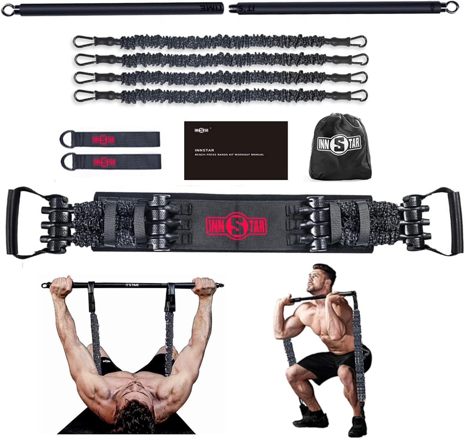 INNSTAR Gym 3.0 Portable Home Gym Training Set, Adjustable Bench Press Squat Resistance Bands with Fitness Bar, Foot Cover, Full Body Workout Fitness Equipment, All in One Gym for Home, Travel