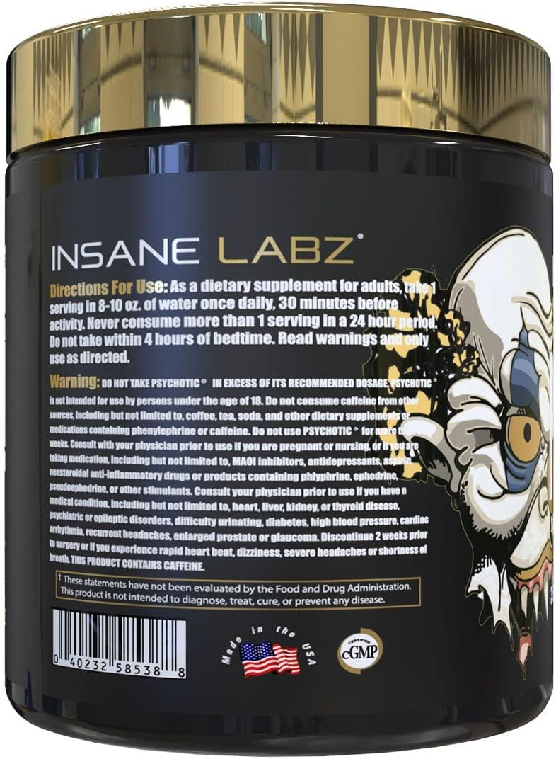 Insane Labz Psychotic Gold, High Stim Pre Workout Powder, Extreme Lasting Energy, Focus, Pumps and Endurance with Beta Alanine, DMAE Bitartrate, Citrulline, NO Booster, 15 Srvgs (Gummy Candy Srvg)