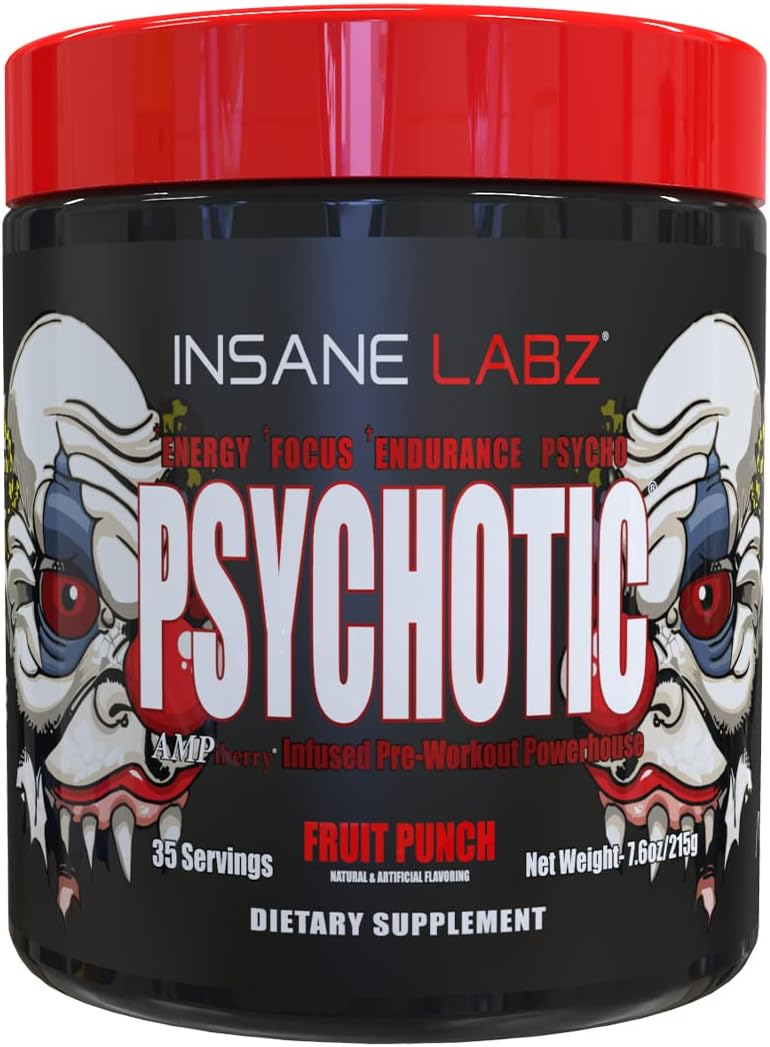 Insane Labz Psychotic, High Stimulant Pre Workout Powder, Extreme Lasting Energy, Focus and Endurance with Beta Alanine, Creatine Monohydrate DMAE, 35 Srvgs (Fruit Punch)
