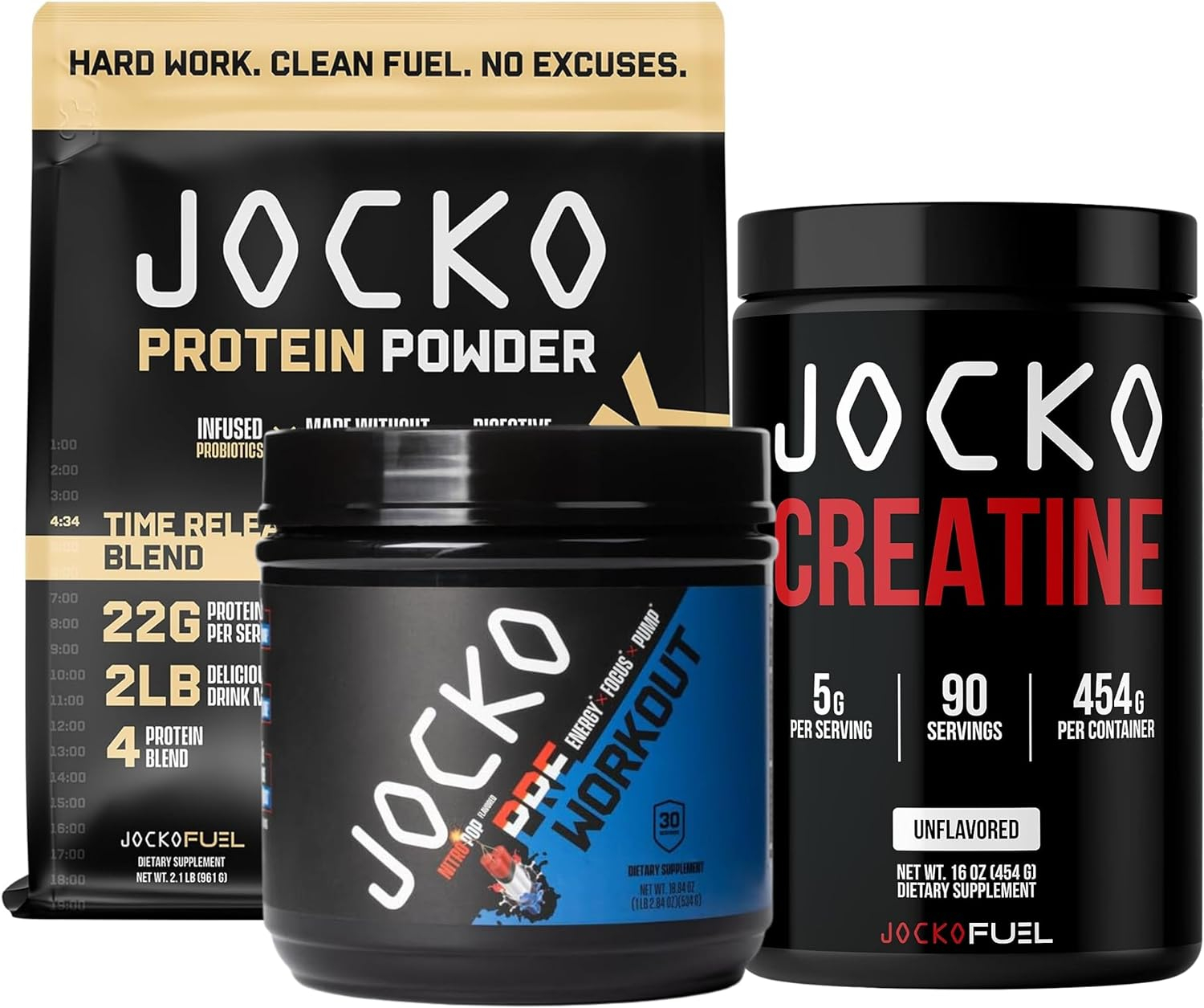 Jocko Pre Workout, Protein Powder,  Creatine Bundle (3 Pack)