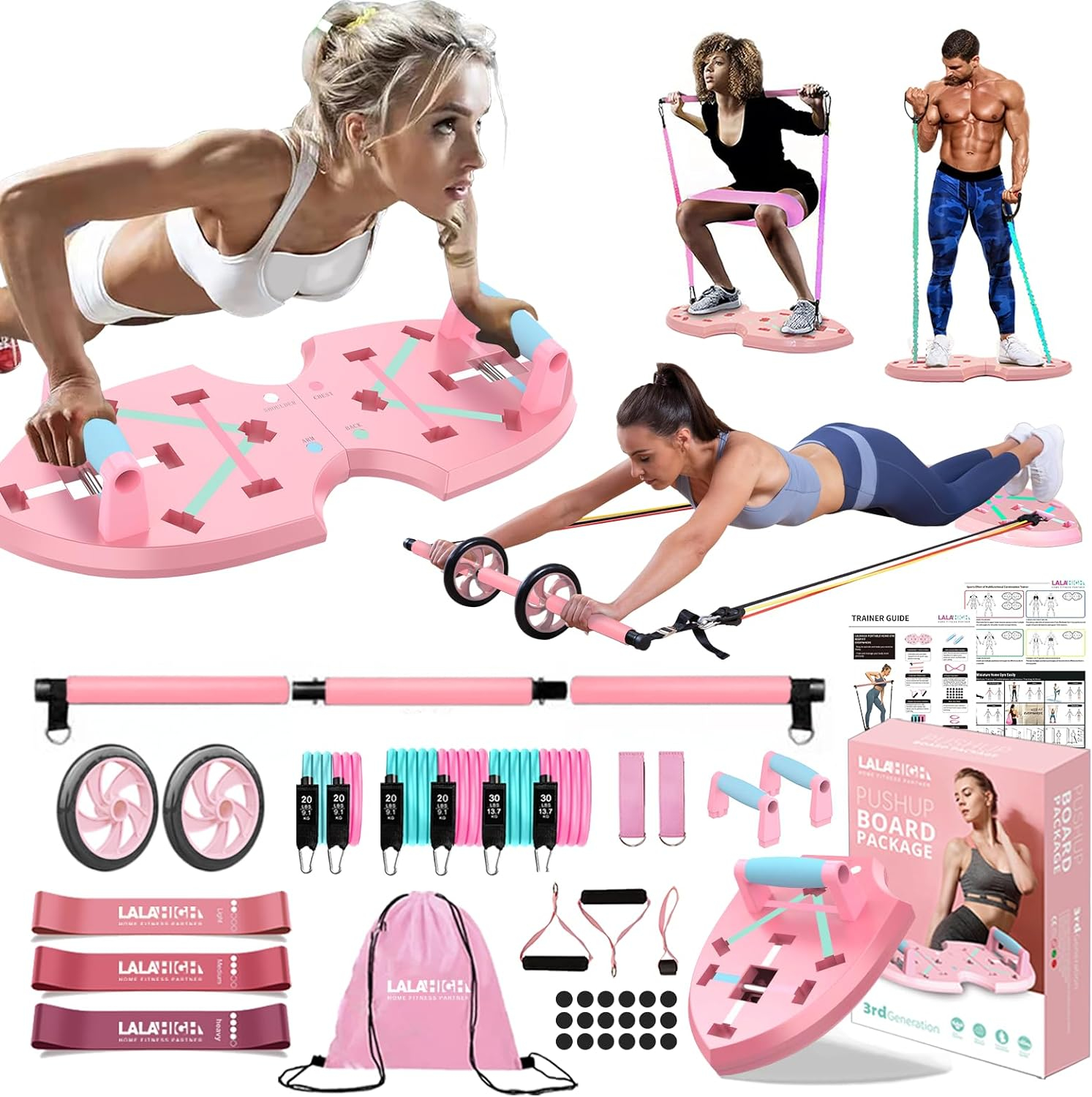 LALAHIGH Home Workout Equipment for Women, Multifunction Push Up Board, Portable Home Gym System with Resistance Bands,Ab Roller Wheel, and 20 Gym Accessories, Professional Strength Training Exercise Equipment For Body Shaping