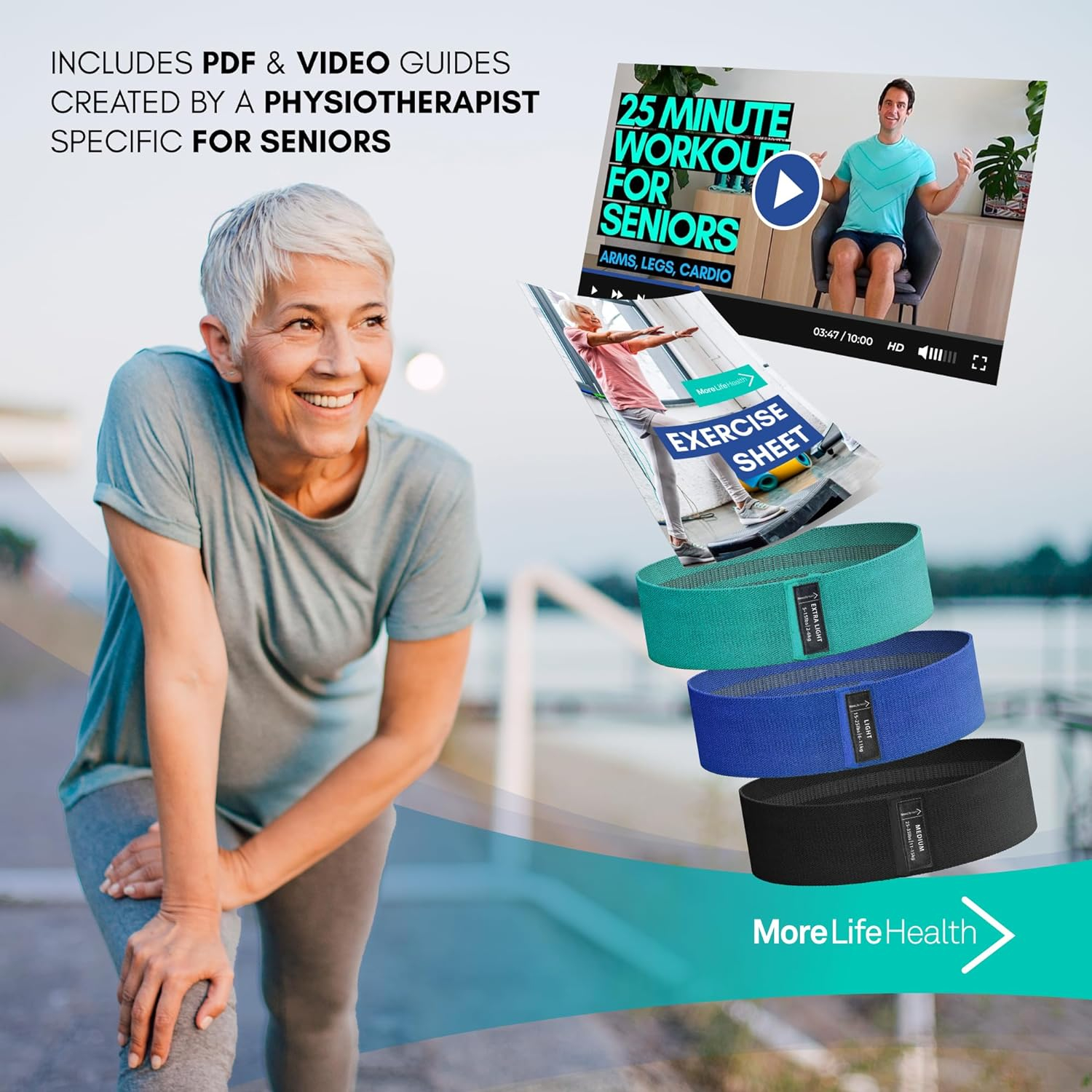 More Life Health Exercise Bands for Seniors 3x Fabric Resistance Bands - 3 Wide Loop Leg Bands for Working Out - Includes Videos and Printable Exercise Instructions - Thigh Hip Booty Resistance Bands