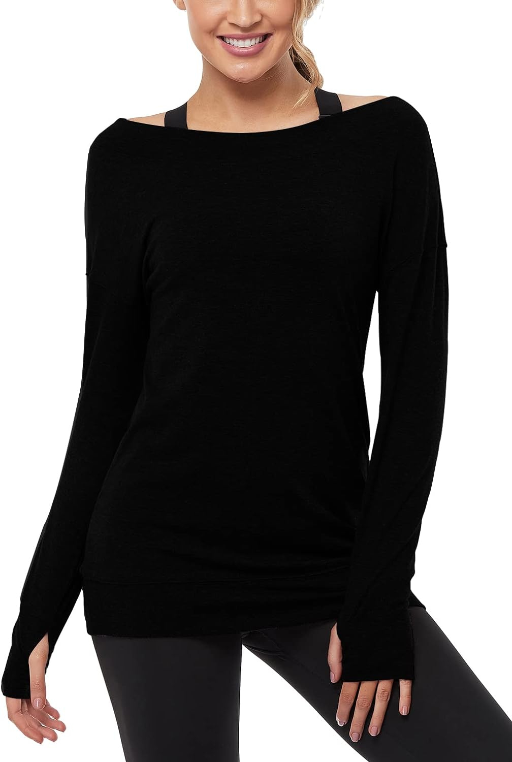 Muzniuer Long Sleeve Workout Shirts-Off Shoulder Long Sleeve Yoga Sports Long T-Shirt Activewear with Thumb Hole