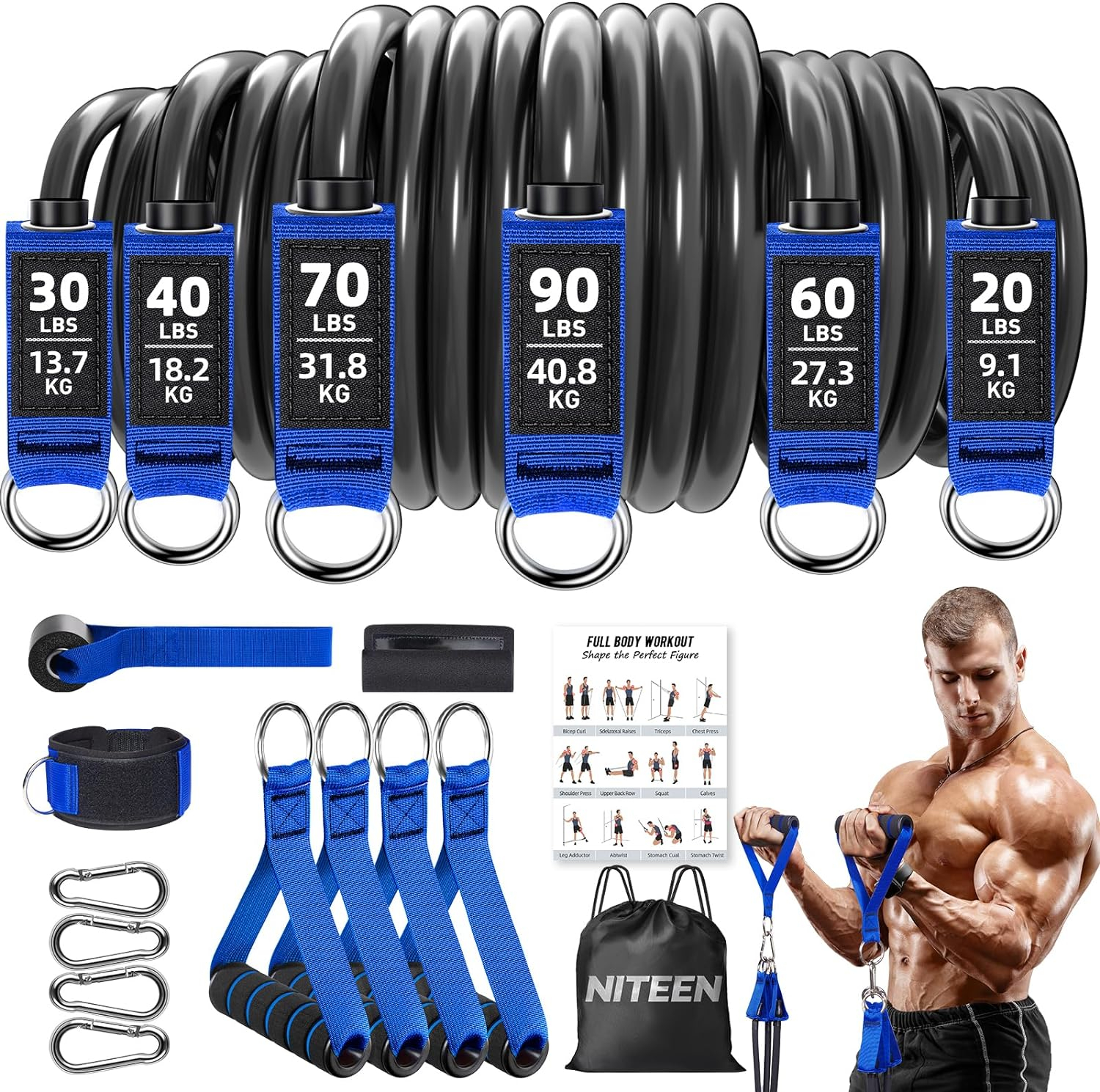 NITEEN Heavy Duty Resistance Bands Set for Home Workout Effective Exercise Bands for Strength Training, Physical Therapy,Resistance Bands with Handles, Door Anchor, Legs Ankle Straps