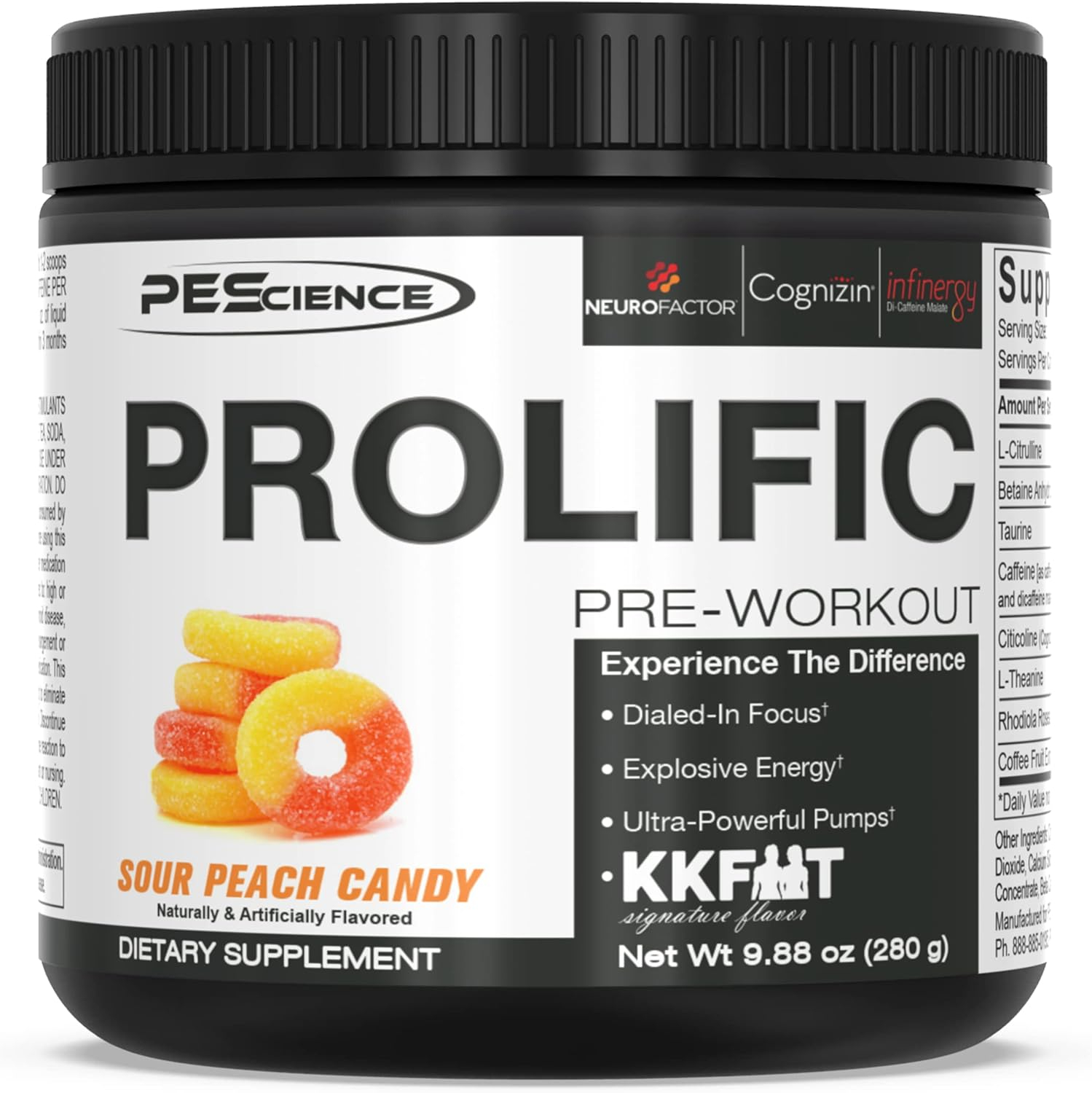 PEScience Prolific Pre Workout Powder, Sour Peach Candy, 40 Scoop, Energy Supplement with Nitric Oxide, KK Fit Signature Flavor