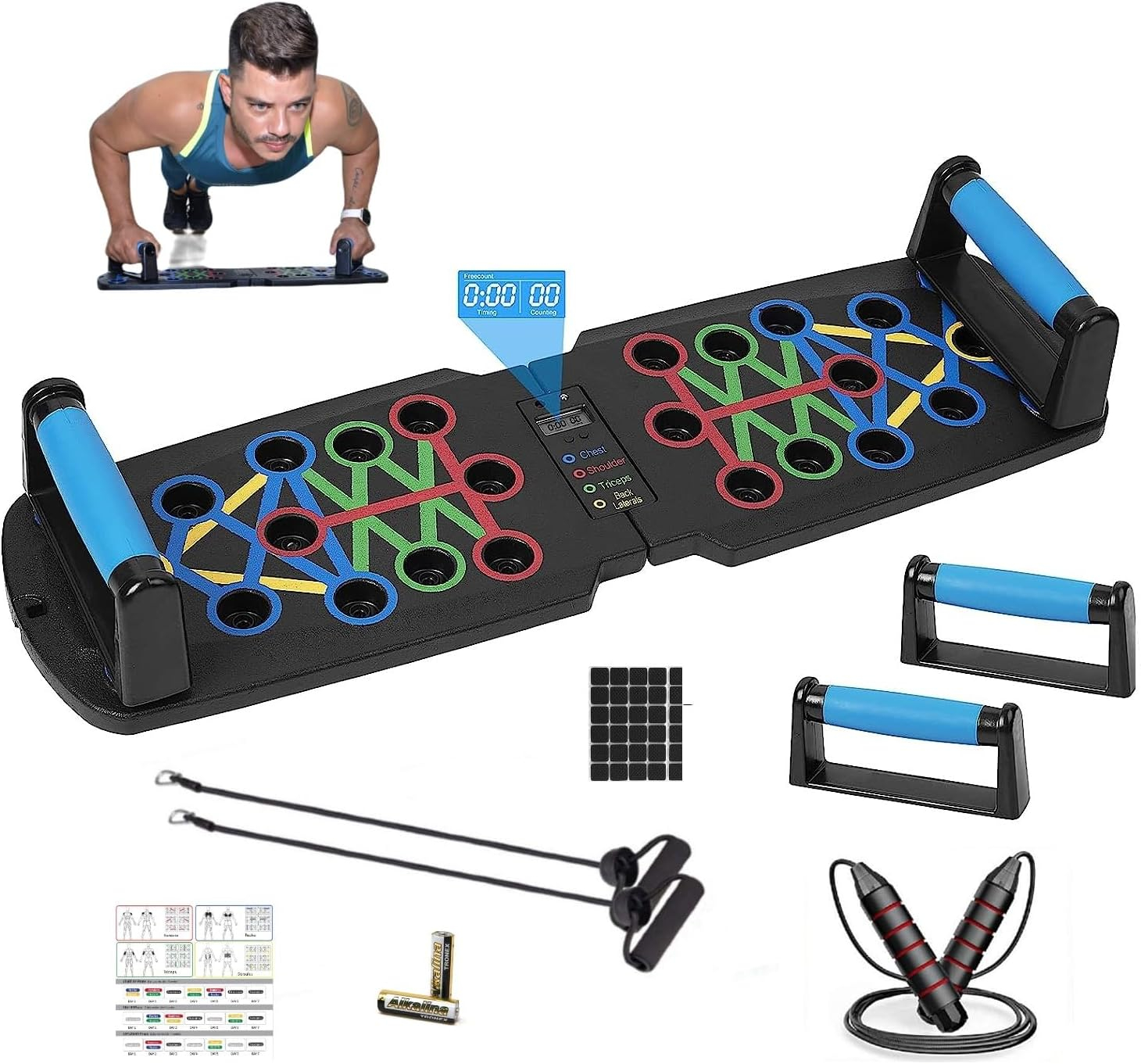 Push Up Board with Automatic Count- multifunctional fitness board 14 in 1 push up bar with resistance bands, perfect pushup handles to maximize push up with foldable home gym, jump rope exercise, workout equipment, pushup machine to strengthen different muscle groups in a portable gym.