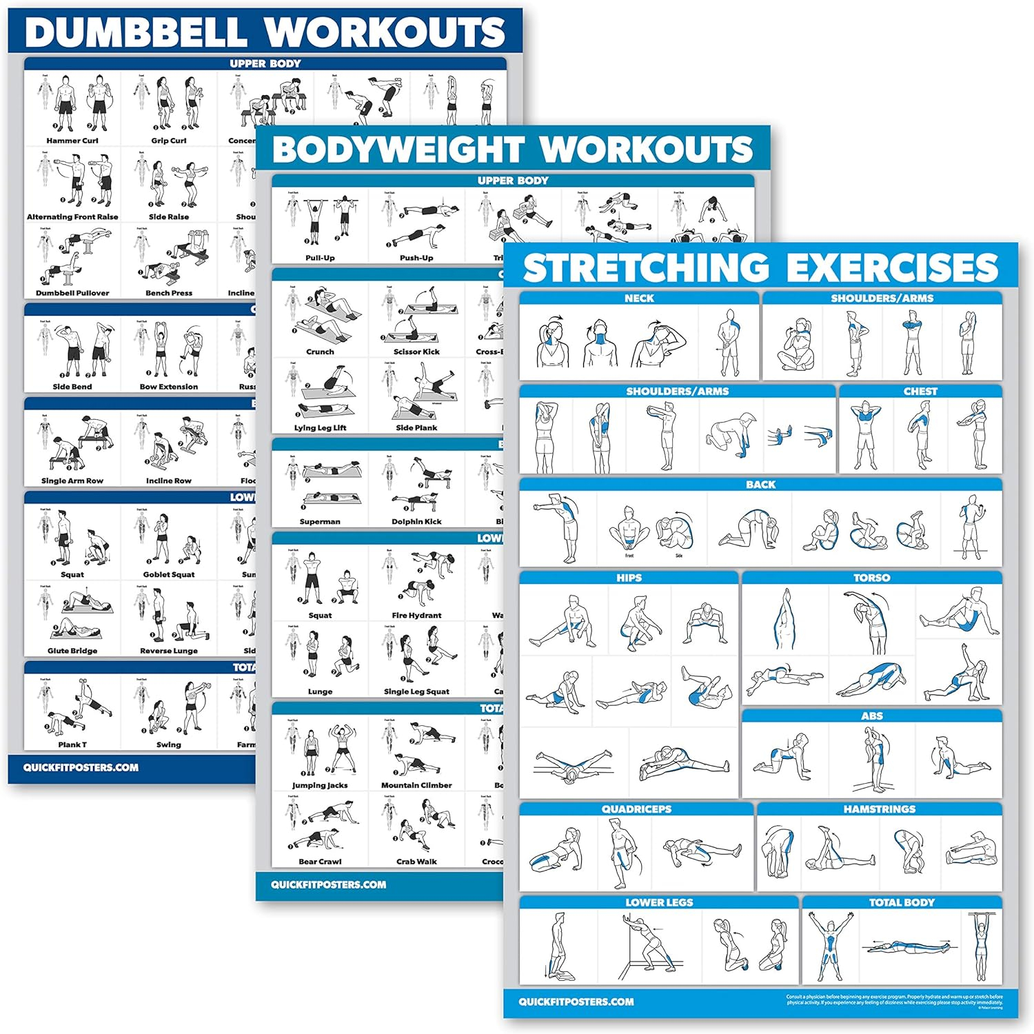 QuickFit 3 Pack - Dumbbell Workouts + Bodyweight Exercises + Stretching Routine Poster Set - Set of 3 Workout Charts