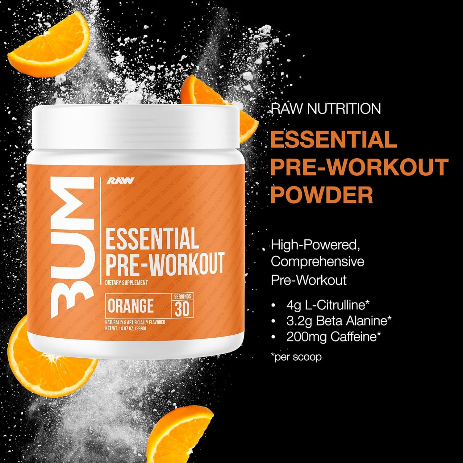 RAW Essential Pre-Workout Powder (Orange) - Chris Bumstead Sports Nutrition Supplement for Men  Women - Preworkout Energy Powder with Caffeine, L-Citrulline, L-Tyrosine,  Beta Alanine Blend