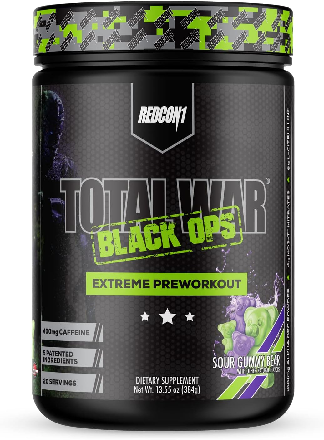 REDCON1 Total War Black Ops Extreme Preworkout Powder, Sour Gummy Bear, High Stimulant, 400 mg Caffeine, NO3-T Nitrates + L-Citrulline, Increase Blood Flow, Muscle Pumps (20 Servings)