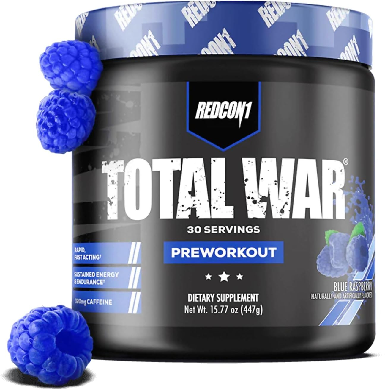 REDCON1 Total War Pre Workout Powder, Blue Raspberry - Beta Alanine + Citrulline Malate Keto Friendly Preworkout for Men  Women with 320mg of Caffeine - Fast Acting (30 Servings)
