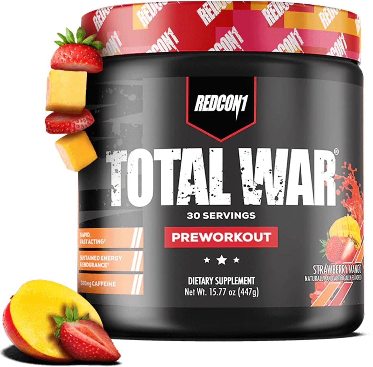 REDCON1 Total War Pre Workout Powder, Strawberry Mango - Beta Alanine + Citrulline Malate Keto Friendly Preworkout for Men  Women with 320mg of Caffeine - Fast Acting (30 Servings)