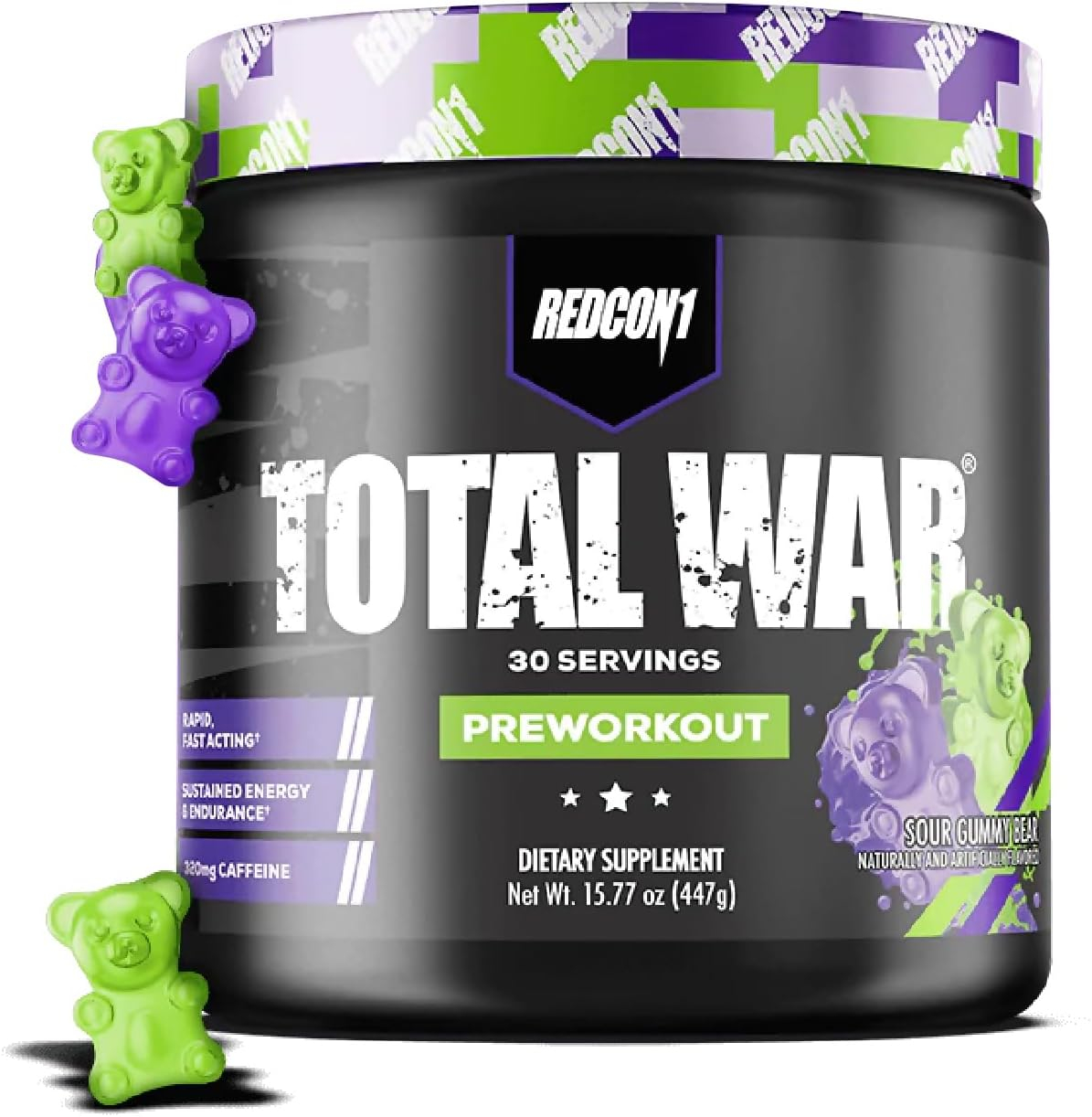 REDCON1 Total War Preworkout - Contains 320mg of Caffeine from Green Tea, Juniper  Beta Alanine - Pre Work Out with Amino Acids to Increase Pump, Energy + Endurance (Sour Gummy Bear, 30 Servings)