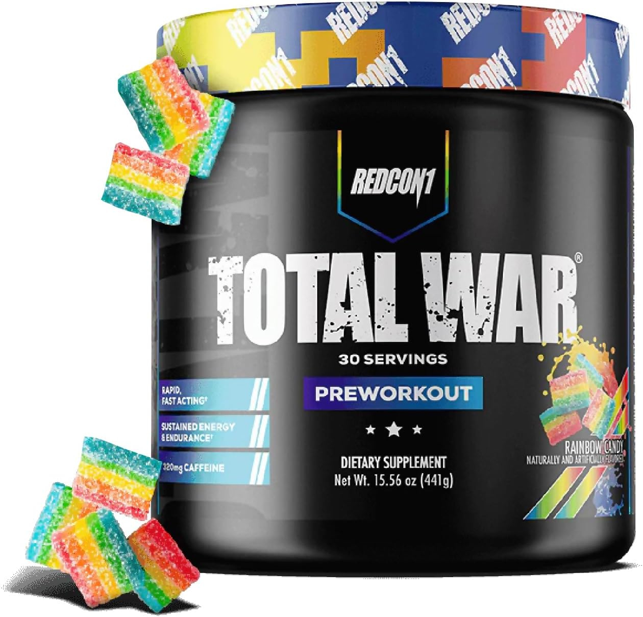 REDCON1 Total War Preworkout - Contains 320mg of Caffeine from Green Tea, Juniper  Beta Alanine - Pre Work Out with Amino Acids to Increase Pump, Energy + Endurance (Rainbow Candy, 30 Servings)