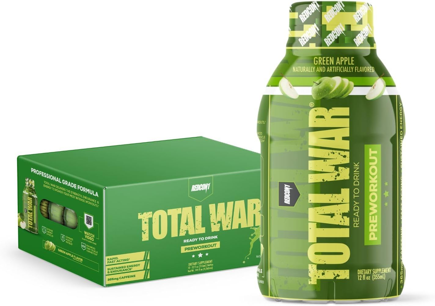 REDCON1 Total War Ready to Drink Preworkout, Green Apple - 350mg of Fast Acting RTD Caffeine - Beta Alanine + Citrulline Malate for Increased Pump - Keto Friendly Workout Drink (12 Servings)