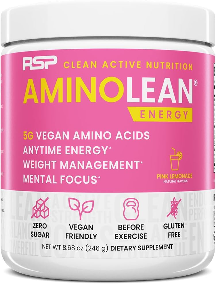 RSP NUTRITION AminoLean Pre Workout Powder, Amino Energy  Weight Management with Vegan BCAA Amino Acids, Natural Caffeine, Preworkout Boost for Men  Women, 30 Serv, Pink Lemonade…