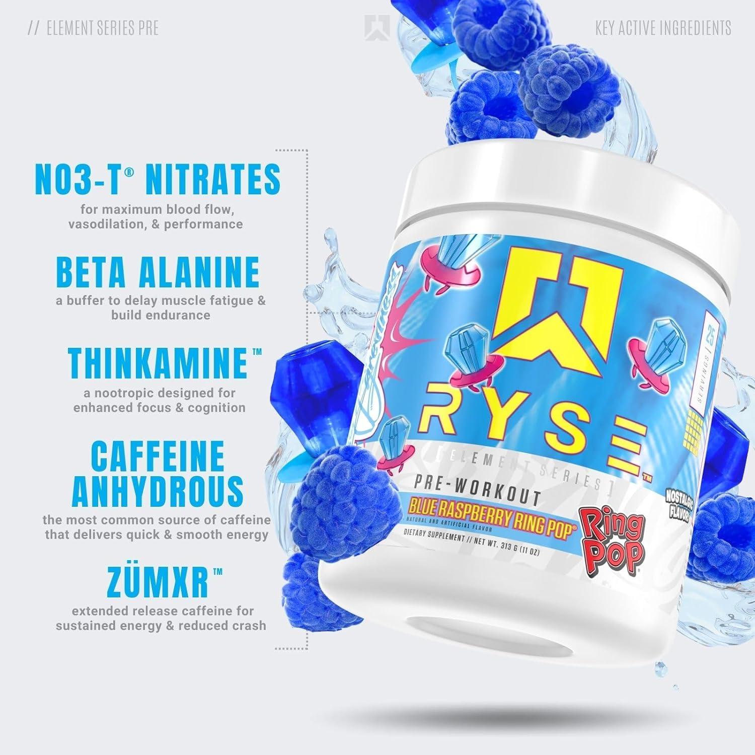 Ryse Element Series Pre-Workout | Everyday Pre-Workout | Beta Alanine, NO3-T Nitrates | 200mg Caffeine | 25 Servings (Blue Raspberry Ring Pop)