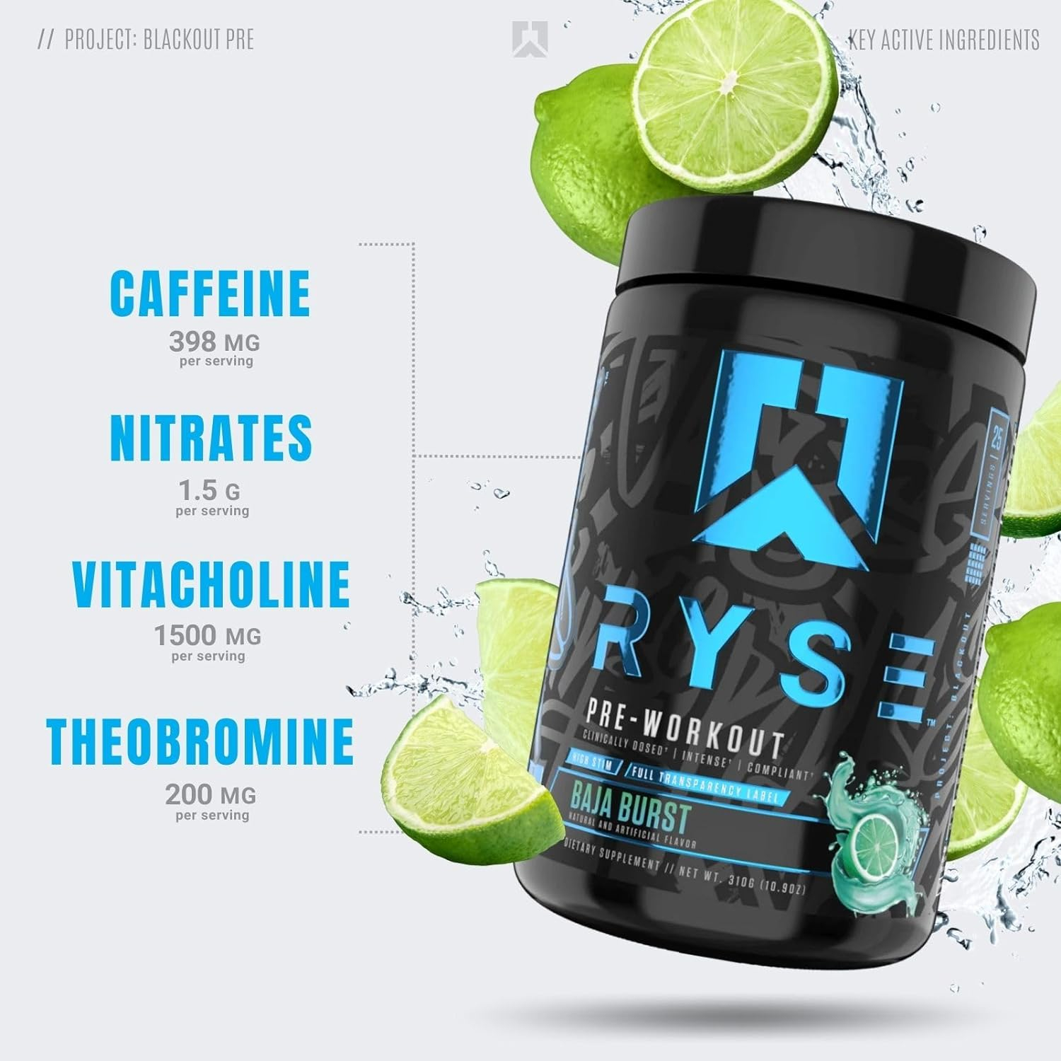 Ryse Project Blackout Pre Workout | Pump, Energy, and Strength | with Caffeine, Vitacholine, Nitrates, and Theobromine | 25 Servings (Baja Burst)