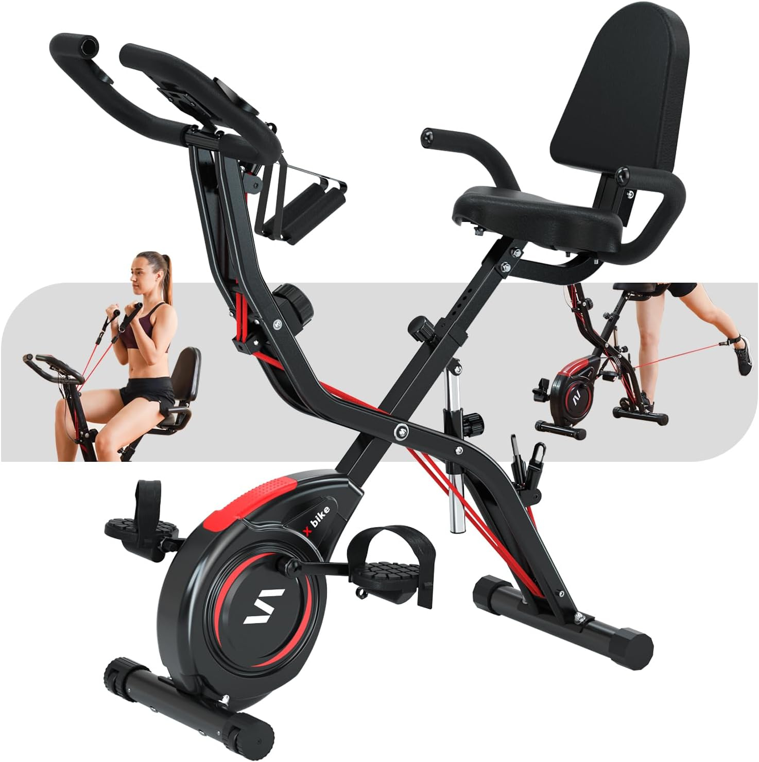 SINUODE Folding Exercise Bike with Arm  Leg Workout, 4-in-1 Foldable Recumbent Stationary Bike for Seniors, Indoor Cycling Bike with 16-Level Magnetic Resist, 330LB Capacity, Large Soft Seat w/ Backrest, Pluse Sensor