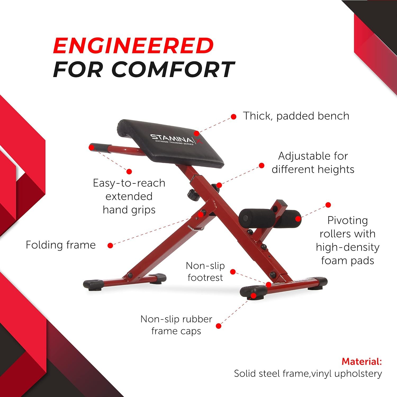 Stamina X Adjustable Ab, Back, and Core Strength Exercise Sit-Up Fitness Hyperextension Weight Bench for At-Home Workouts
