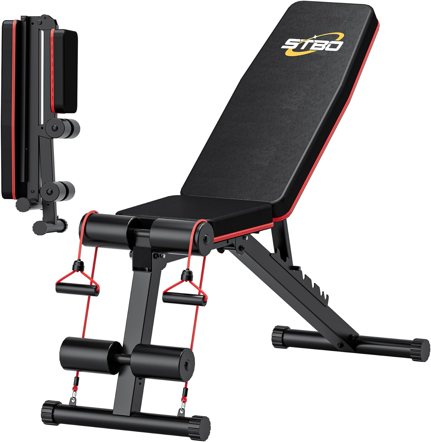 STBO Adjustable Folding Weight Bench,Foldable Incline Decline Workout Bench Sit Up Bench with Resistance Band,Multifunctional Bench Home Gym Equipment for Full Body Workout