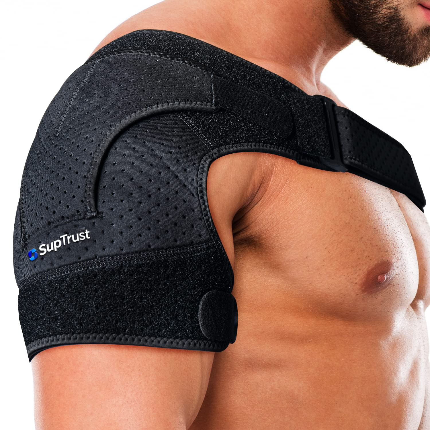 Suptrust Recovery Shoulder Brace for Men and Women, Shoulder Stability Support Brace, Adjustable Fit Sleeve Wrap, Relief for Shoulder Injuries and Tendonitis, One Size Regular, Shoulder Pain Relief, Support and Compression, for Torn Rotator Cuff, AC Joint Pain Relief