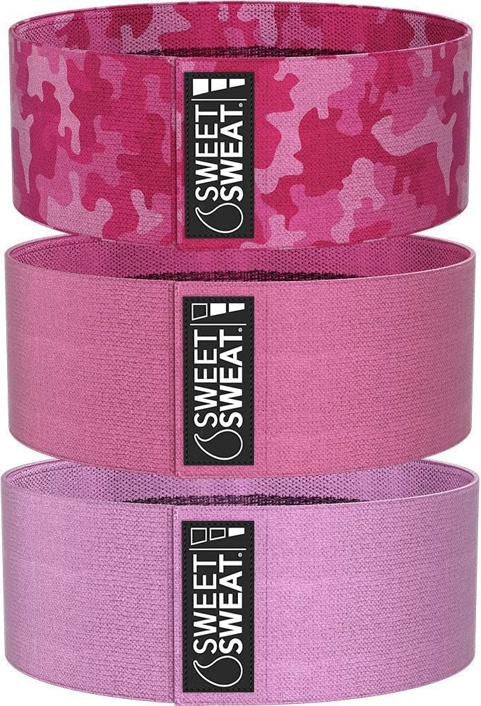 Sweet Sweat Hip Bands and Resistance Set with 3 Levels of Resistance | Non-Slip Fabric Booty Bands for Squats  Lunges | Includes Free Mesh Carrying Bag