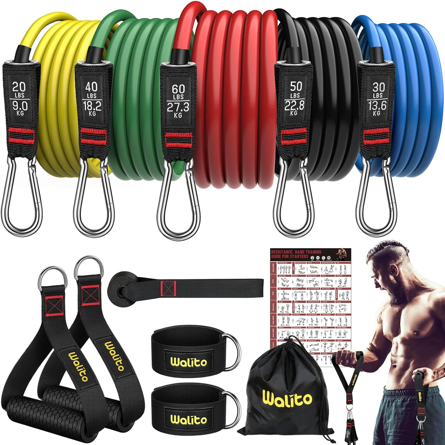 WALITO Resistance Bands Set - Exercise Bands with Handles, Door Anchor, Legs Ankle Straps, for Heavy Resistance Training, Physical Therapy, Muscle Training, Yoga, Home Workouts