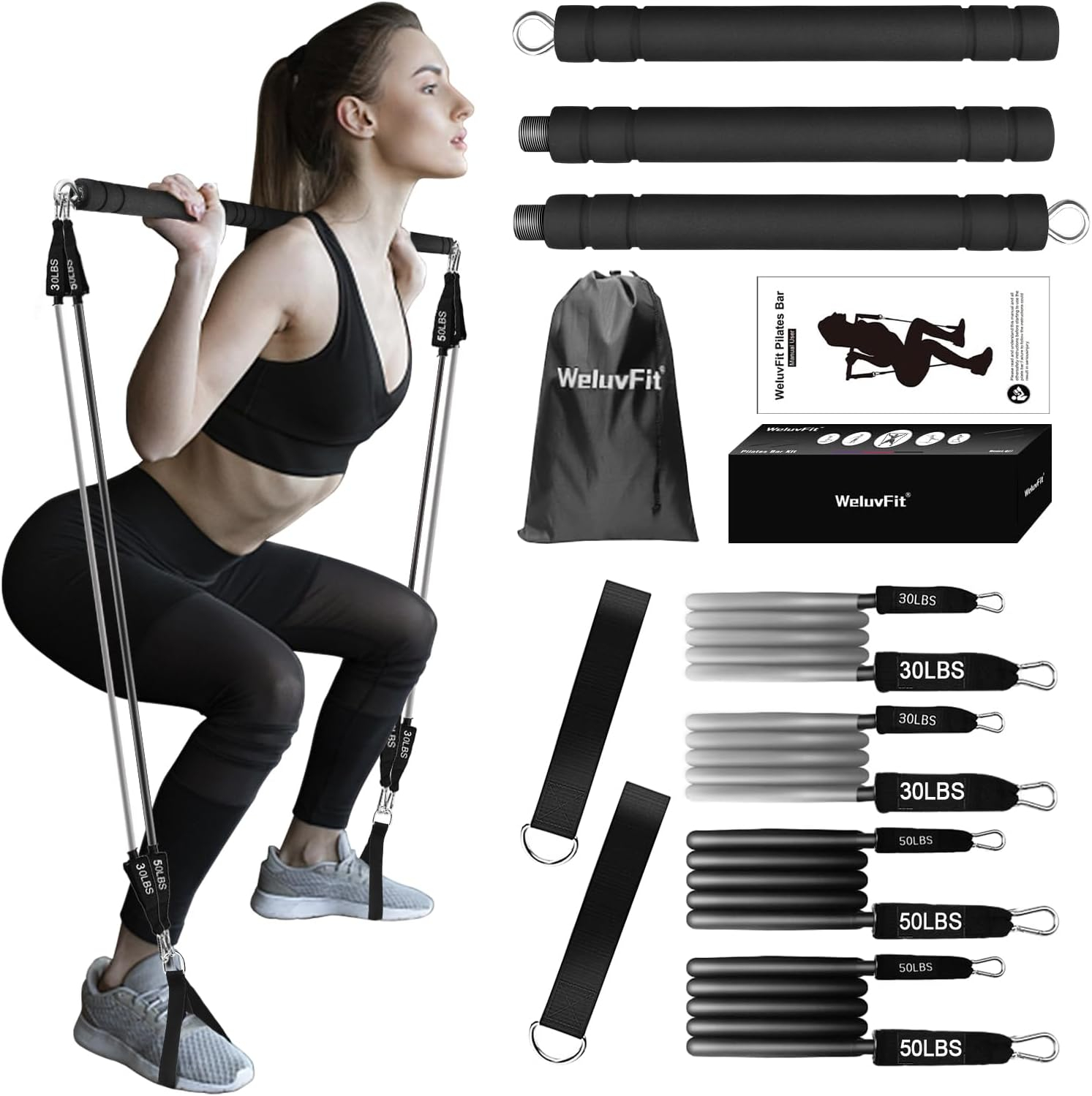 WeluvFit Pilates Bar Kit with Resistance Bands, Exercise Fitness Equipment for Women  Men, Home Gym Workouts Stainless Steel Stick Squat Yoga Pilates Flexbands Kit for Full Body Shaping