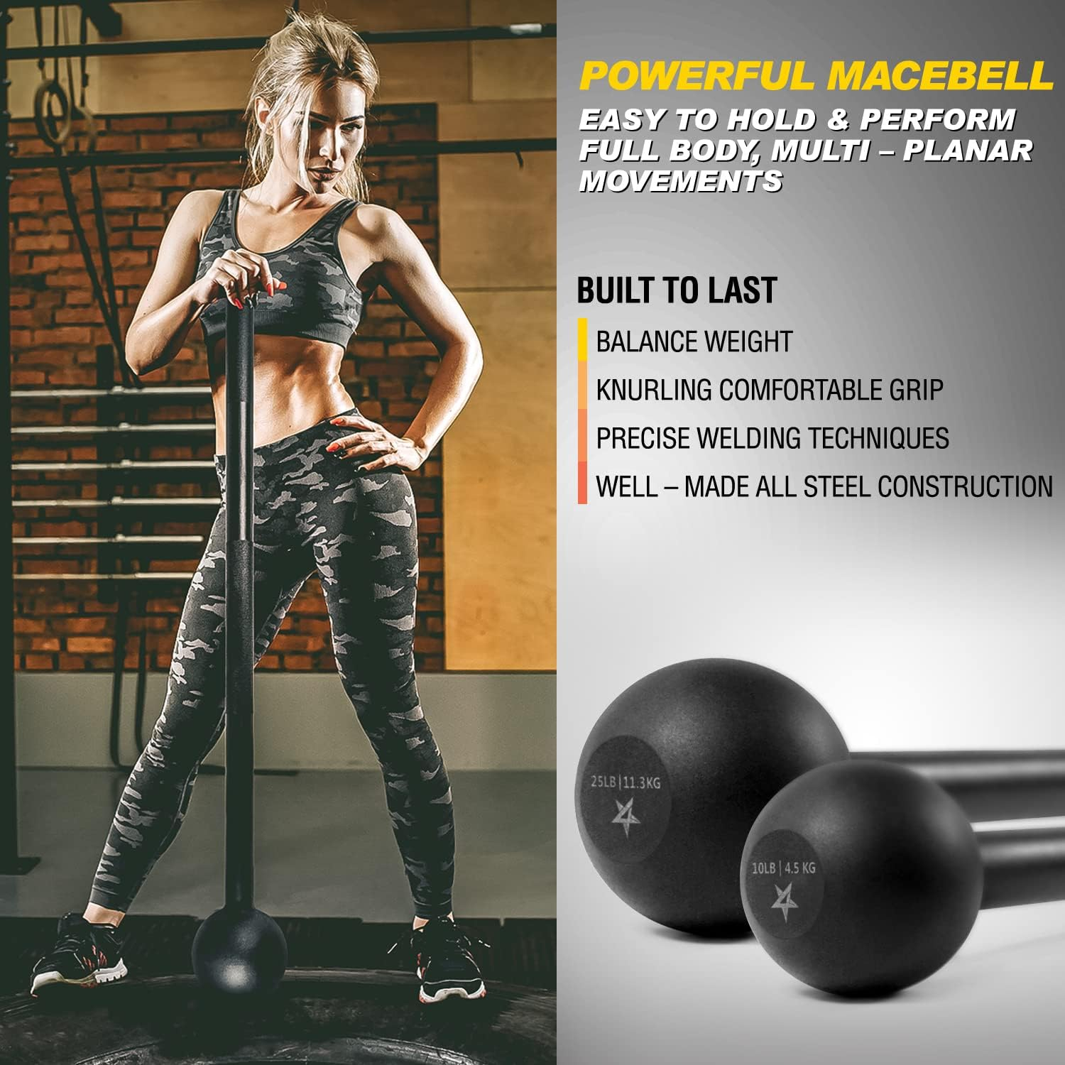 Yes4All Steel Mace Bell for Strength Training - Support Full Body, Muscles, Shoulder, Grips  Forearms Workouts to Rehabilitation, Stretching 5, 7, 10, 15, 20, 25, 30lb For Woman  Man