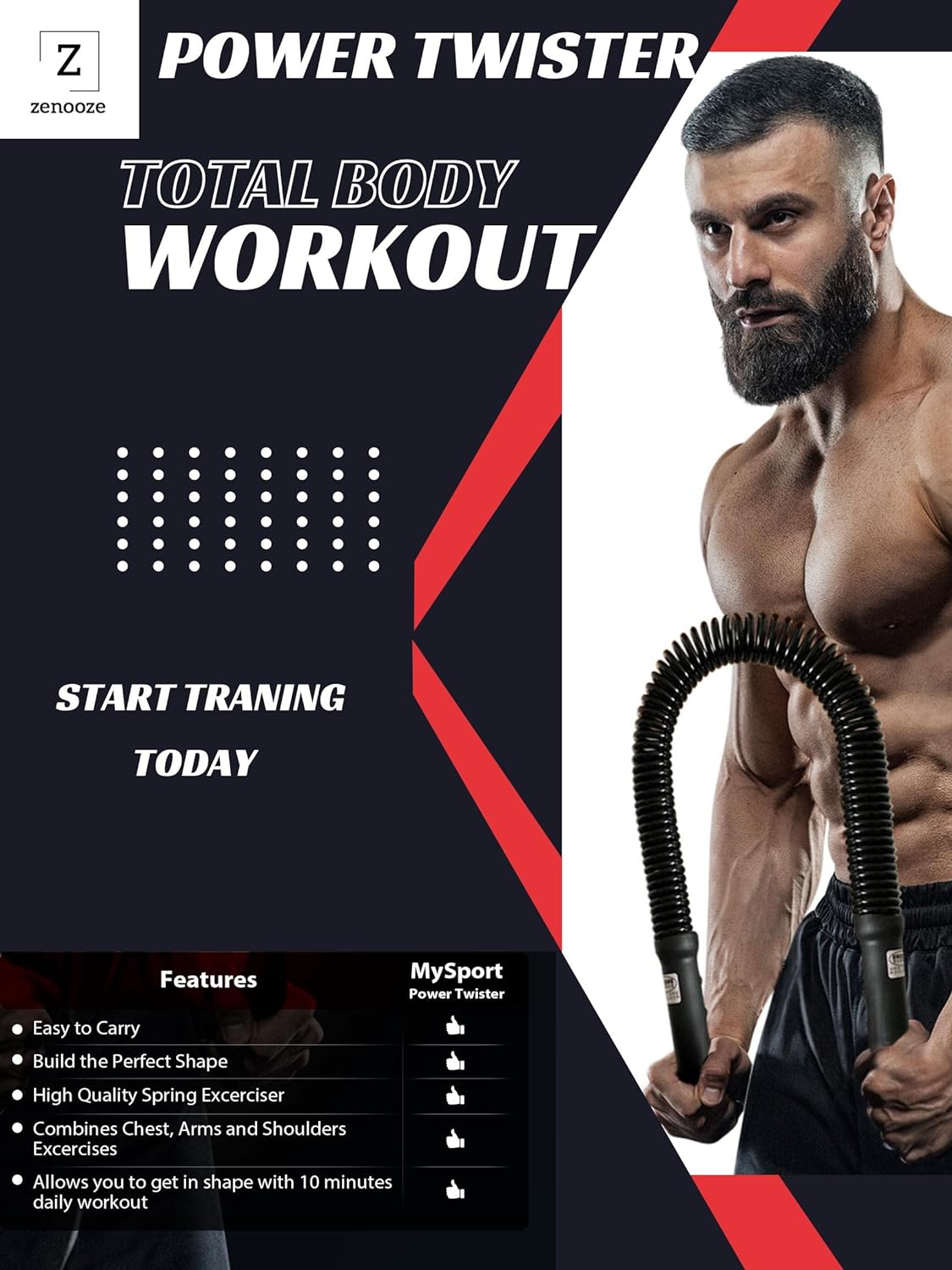 Zenoozes Power Twister Flex Bar, The Ultimate Upper Body Exercise Equipment for Strengthening Your Chest Workout, Shoulders,Biceps, Arms, Forearm Strengthener, Resorte para Hacer Ejercicio
