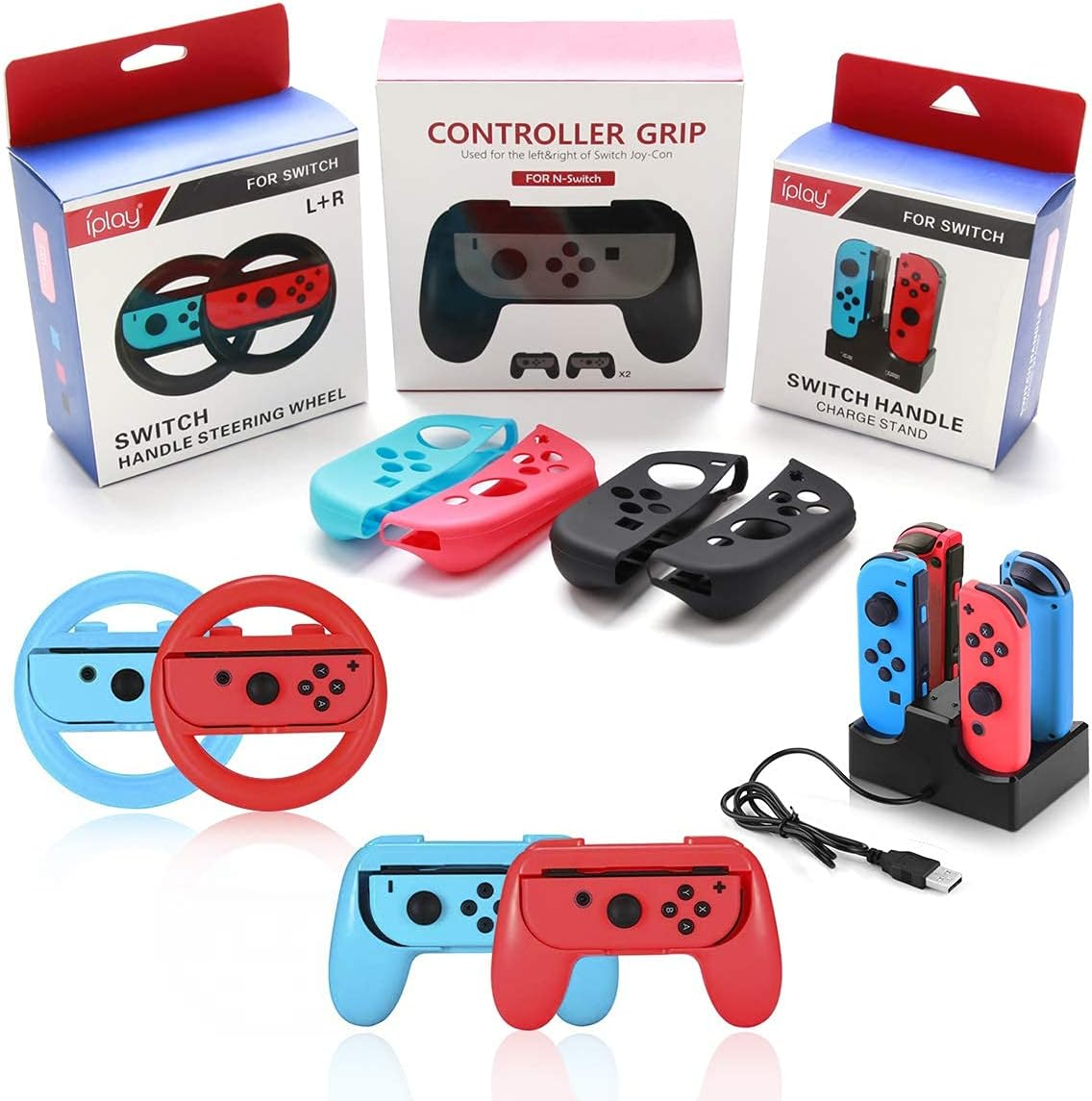 Accessories Bundle for Nintendo Switch, Kit with Carrying Case,Protective Case with Screen Protector,Compact Playstand,Game Case,Joystick Cap,Charging Dock,Grip and Steering Wheel for Nintendo Switch