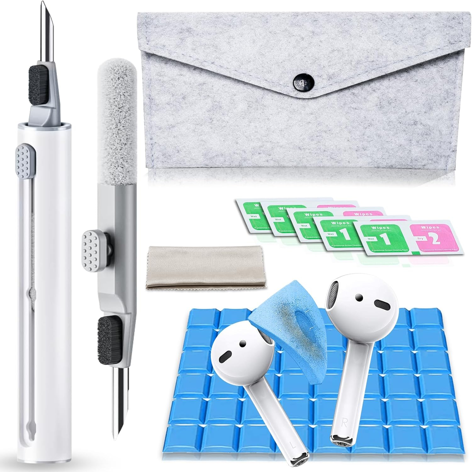 AKIKI Cleaner Kit for Airpods, Earbuds Cleaning kit for Airpods Pro 1 2 3, Phone Cleaner kit with Brush for Bluetooth Earbuds Cleaner, Wireless Earphones,iPhone,Laptop, Camera (White2) SB-11