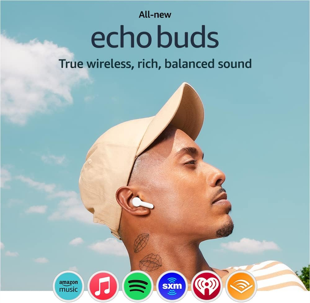 All-new Echo Buds (2023 Release) | Semi-in-ear, True Wireless Bluetooth 5.2 Earbuds with Alexa, multipoint, 20H battery with charging case, fast charging, sweat resistant | Glacier White