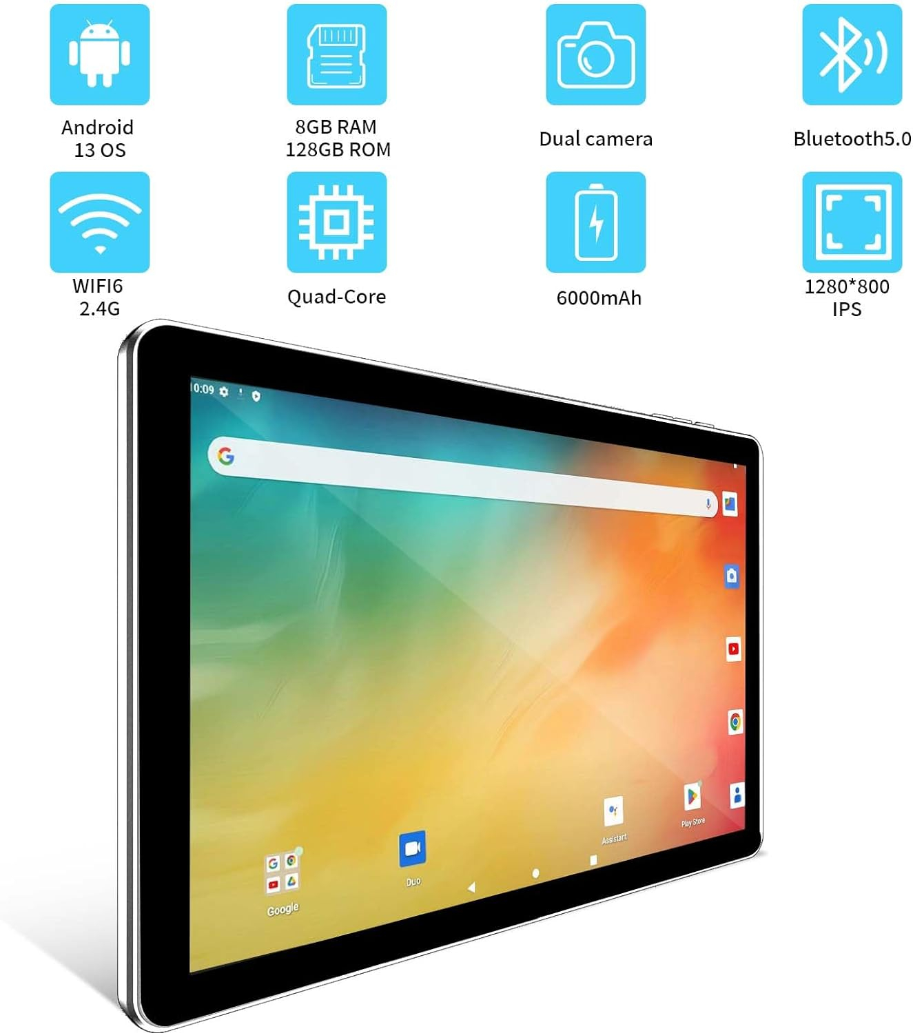Android 13 Tablet 10 inch Tablets with 8GB RAM 64GB ROM 1TB Expand, 1280x800 IPS Touchscreen, WiFi 6, Dual Camera, 6000mAh Battery, GMS, Quad-Core, Bluetooth 5.0 (Silver)