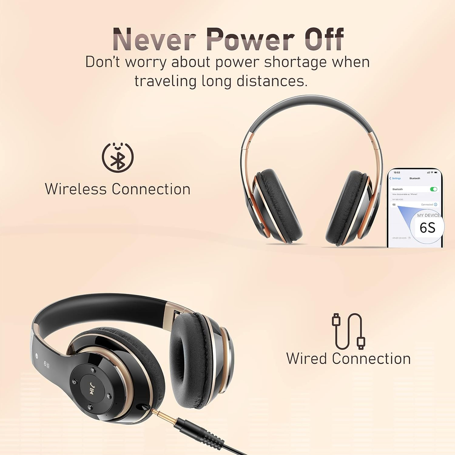 Bluetooth Headphones Over Ear, 6S Wireless Headphones Wired with 6 EQ Modes, 40 Hours Playtime Foldable HiFi Stereo Headset with Microphone, Soft Ear Pads, FM/TF for Cellphone/PC/Work (Black  Gold)                Wireless Technology: Bluetooth, FM